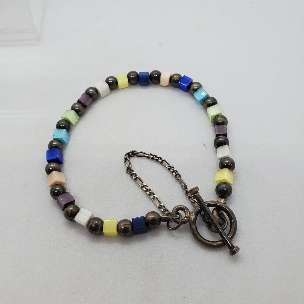 Sterling Silver and Glass Bead Bracelet 7.5" Toggle Clasp and Safety Chain 925